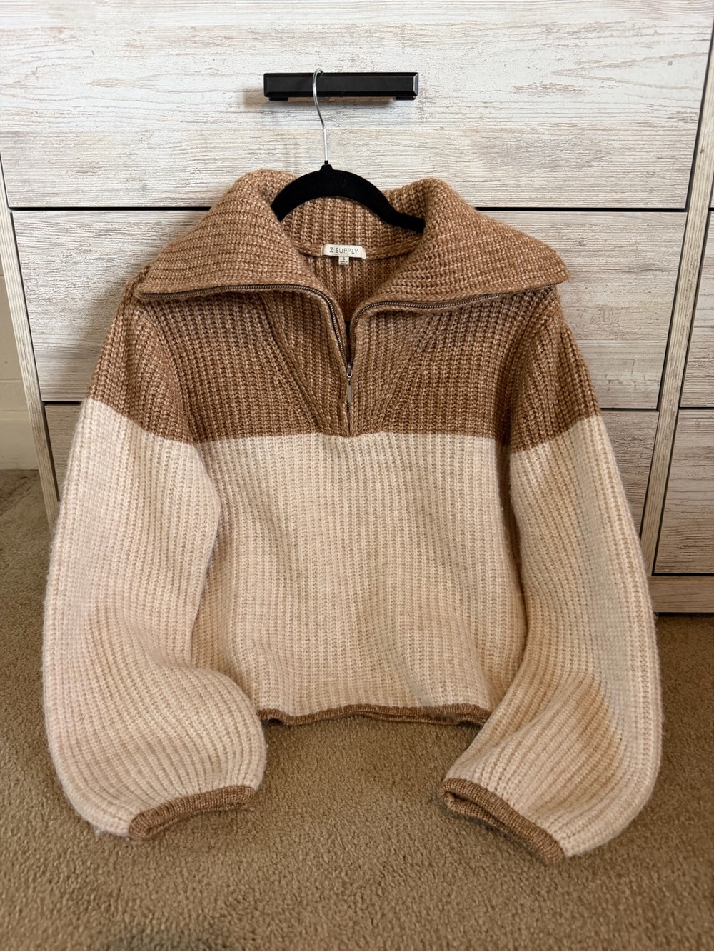 Z Supply Cozy Two-Tone Knit Half-Zip Sweater in Camel and Cream